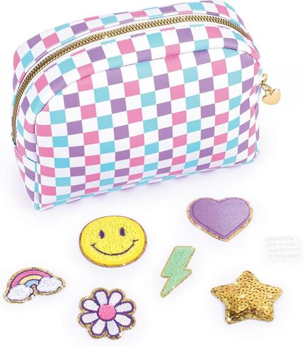 Make It Real: Fashion Pouch with Patches - 9pcs, Checkered Pink, Blue, Purple, DIY Customize Your Pouch, Fully Lined Fashion Bag, Tweens & Girls, Ages 8+ in Saudi Arabia