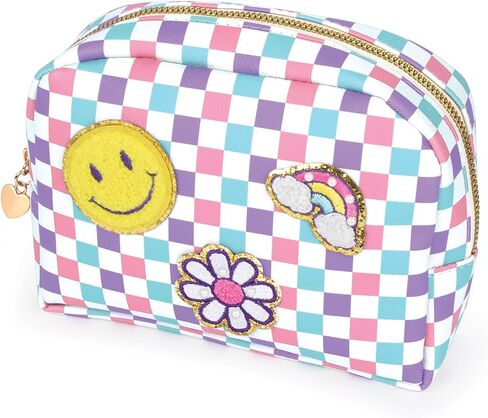 Make It Real: Fashion Pouch with Patches - 9pcs, Checkered Pink, Blue, Purple, DIY Customize Your Pouch, Fully Lined Fashion Bag, Tweens & Girls, Ages 8+ in Saudi Arabia