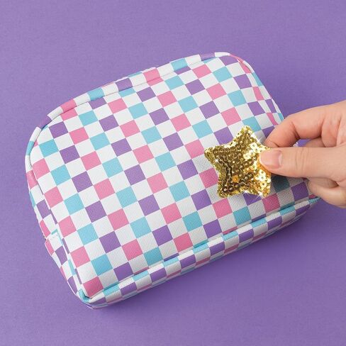 Make It Real: Fashion Pouch with Patches - 9pcs, Checkered Pink, Blue, Purple, DIY Customize Your Pouch, Fully Lined Fashion Bag, Tweens & Girls, Ages 8+ in Saudi Arabia