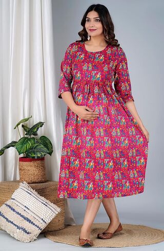 Jikonet Women's Maternity White Kurti for Women with Breastfeeding Dress with Floral Maxi Maternity Dress (Indian Dresses) in Saudi Arabia