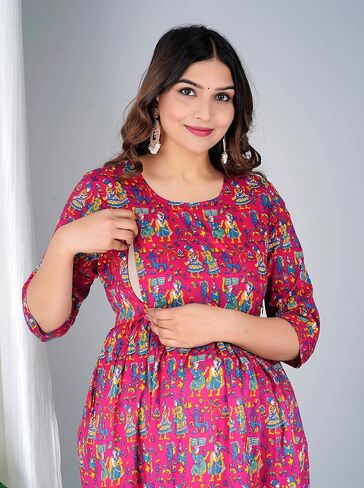 Jikonet Women's Maternity White Kurti for Women with Breastfeeding Dress with Floral Maxi Maternity Dress (Indian Dresses) in Saudi Arabia