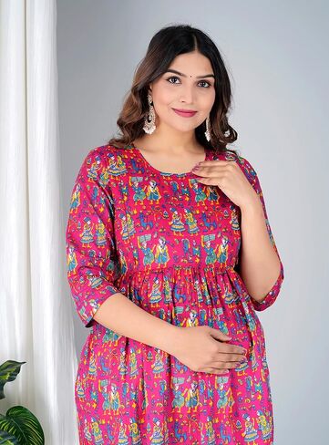 Jikonet Women's Maternity White Kurti for Women with Breastfeeding Dress with Floral Maxi Maternity Dress (Indian Dresses) in Saudi Arabia