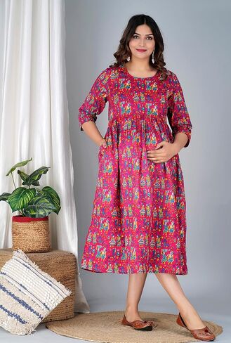 Jikonet Women's Maternity White Kurti for Women with Breastfeeding Dress with Floral Maxi Maternity Dress (Indian Dresses) in Saudi Arabia