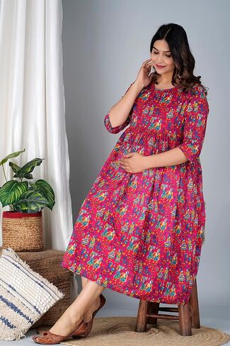 Jikonet Women's Maternity White Kurti for Women with Breastfeeding Dress with Floral Maxi Maternity Dress (Indian Dresses) in Saudi Arabia