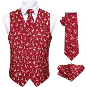 HISDERN Mens Christmas Suit Vest Funny Holiday Dress Vests Tie and Pocket Square Set for Men Xmas Festival Party in Kuwait