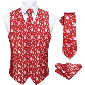 HISDERN Men's Suit Vest Christmas - Holiday Season Party Jacquard Waistcoats Necktie Pocket Square Vest Suit Set