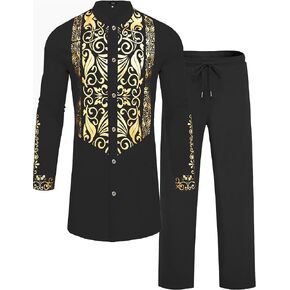طقم ZSJR رجالي أفريقي مكون من قطعتين من Dashiki بدلة تقليدية معدنية بختم ذهبي وقميص وسروال