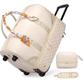 AIENJIU Rolling Duffle Bag with Wheels, 22 Inch Travel Rolling Duffle Bag Flight Approved with Toiletry Bag, Carry on Luggage Bags for Women with Shoe Compartment, Beige