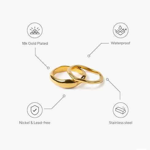 JewelVerse خاتم غير منتظم مطلي بالذهب عيار 18 قيراط للنساء | خواتم ذهب للنساء | حلقات قابلة للتكديس | خاتم زفاف كلاسيكي بسيط مقاس 6-10 in Kuwait
