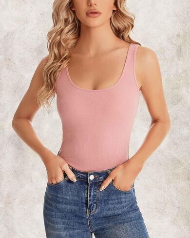 RASPBERRY PUDDING Summer Ribbed Tank Top for Women Basic Sleeveless Shirts Slim Fit Cami Scoop Neck Casual Solid in Saudi Arabia