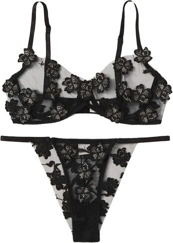 Floerns Women's Sexy Applique Lace Underwire Bra Top and Thong Lingerie Set in Saudi Arabia