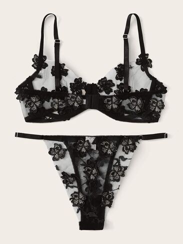 Floerns Women's Sexy Applique Lace Underwire Bra Top and Thong Lingerie Set in Saudi Arabia