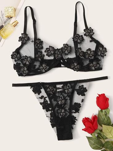 Floerns Women's Sexy Applique Lace Underwire Bra Top and Thong Lingerie Set in Saudi Arabia