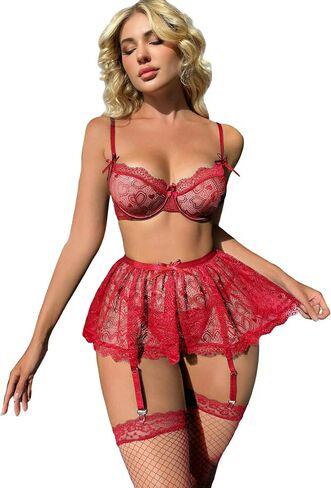 WDIRARA Women's Heart Lace Bow Cheeky Thong Exotic Garter Lingerie Set with Stockings in Kuwait