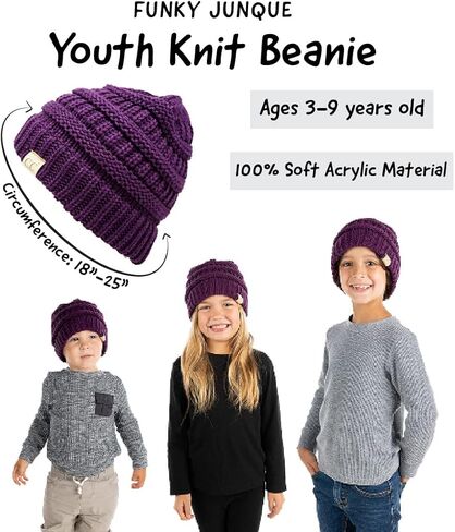 Funky Junque Solid Ribbed Beanie Hat for Kids Tweens Soft Stretch Cable Knit Slouchy Hat Warm Winter Skull Cap 2-9 Years Old in Saudi Arabia