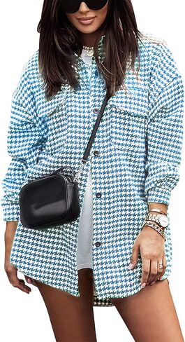 Yimoon Plaid Jacket Women Casual Houndstooth Jacket Flannel Shacket Loose Long Sleeve Shirt Button Down Shacket With Pockets in Saudi Arabia