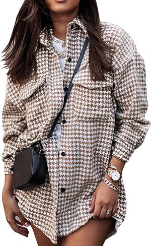Yimoon Plaid Jacket Women Casual Houndstooth Jacket Flannel Shacket Loose Long Sleeve Shirt Button Down Shacket With Pockets in Kuwait