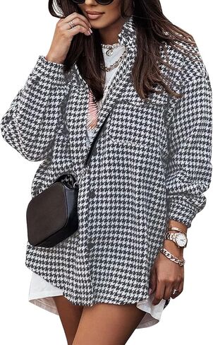 Yimoon Plaid Jacket Women Casual Houndstooth Jacket Flannel Shacket Loose Long Sleeve Shirt Button Down Shacket With Pockets in Saudi Arabia