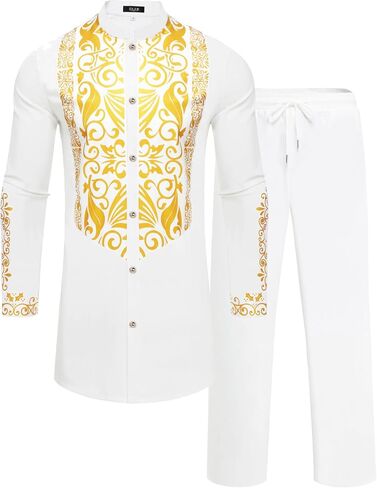 Mens African 2 Piece Sets Dashiki Metallic Traditional Suit Gold Stamp Printed Shirt and Pants Outfit in Saudi Arabia