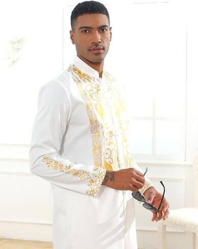 Mens African 2 Piece Sets Dashiki Metallic Traditional Suit Gold Stamp Printed Shirt and Pants Outfit in Saudi Arabia
