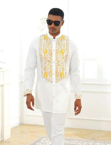 Mens African 2 Piece Sets Dashiki Metallic Traditional Suit Gold Stamp Printed Shirt and Pants Outfit in Saudi Arabia
