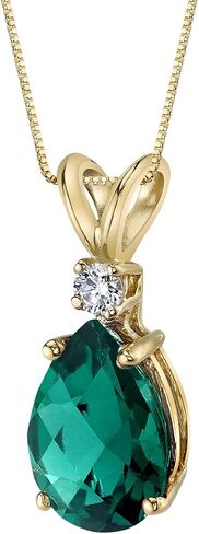Peora 14K Yellow Gold Created Emerald with Genuine Diamond Pendant for Women, Elegant Teardrop Solitaire, Pear Shape, 10x7mm, 1.75 Carats total in Saudi Arabia