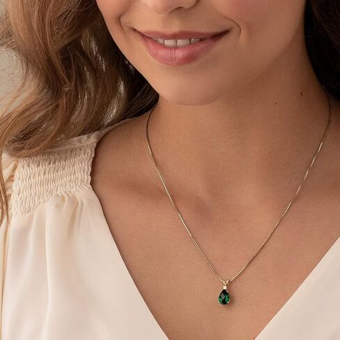 Peora 14K Yellow Gold Created Emerald with Genuine Diamond Pendant for Women, Elegant Teardrop Solitaire, Pear Shape, 10x7mm, 1.75 Carats total in Saudi Arabia