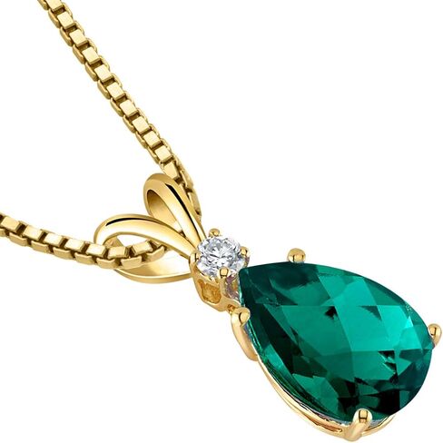 Peora 14K Yellow Gold Created Emerald with Genuine Diamond Pendant for Women, Elegant Teardrop Solitaire, Pear Shape, 10x7mm, 1.75 Carats total in Saudi Arabia