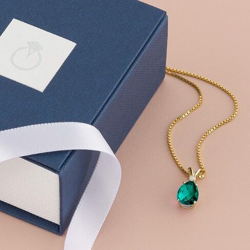 Peora 14K Yellow Gold Created Emerald with Genuine Diamond Pendant for Women, Elegant Teardrop Solitaire, Pear Shape, 10x7mm, 1.75 Carats total in Saudi Arabia