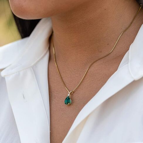 Peora 14K Yellow Gold Created Emerald with Genuine Diamond Pendant for Women, Elegant Teardrop Solitaire, Pear Shape, 10x7mm, 1.75 Carats total in Saudi Arabia
