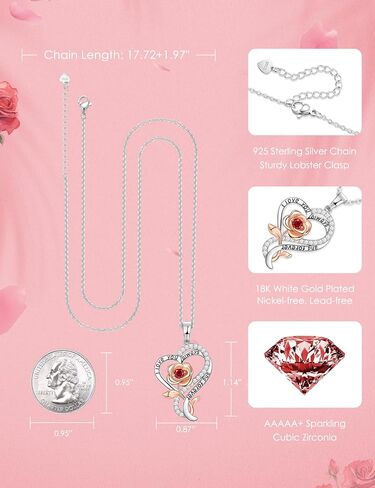 Rose Heart Necklace for Women 925 Sterling Silver Necklaces for Women, Birthstone Necklaces Gifts for Women Birthday Gifts for Wife Gifts for Anniversary Christmas Gifts for Women Jewelry Valentines Gifts for Her in Kuwait
