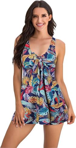 فستان سباحة مكون من قطعتين من ECUPPER للنساء طقم تانكيني لباس سباحة متواضع مزين بالزهور فستان سباحة للتحكم في البطن مع شورت للأولاد in Kuwait