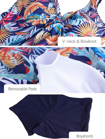 فستان سباحة مكون من قطعتين من ECUPPER للنساء طقم تانكيني لباس سباحة متواضع مزين بالزهور فستان سباحة للتحكم في البطن مع شورت للأولاد in Kuwait