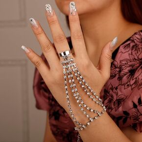 Rumtock Punk Crystal Beads Layer Hand Harness with Finger Ring Women Girls Bohemian Silver Bracelet