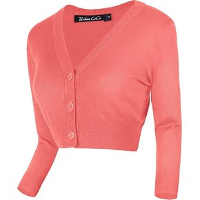 Urban CoCo Women's Cropped Cardigan V-Neck Button Down Knitted Sweater 3/4 Sleeve in Kuwait