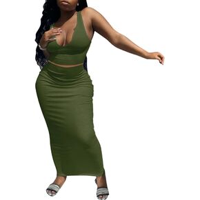 Womens Sexy Summer Scoop Neck Ribbed 2 Piece Outfits Dress Crop Tank Top Maxi Long Skirt Set Beach Party Dress