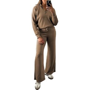 MISSFASHION Airy Essentials Set للنساء قطعتين ملابس نصف سحاب سويت شيرت واسع الساق Sweatpant صالة مجموعة رياضية in Kuwait