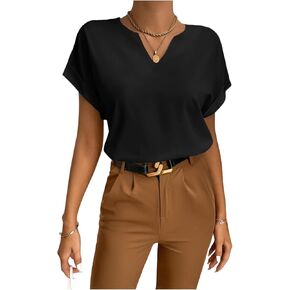Floerns Women's Casual Rolled Cap Short Sleeve Popover Notched Neck Blouse Tops