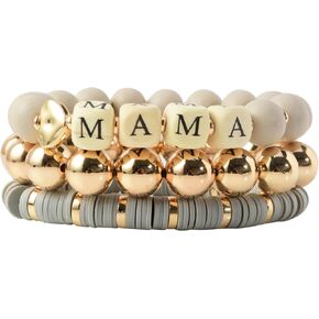 Mama Bracelets For Women Chunky Stack Gold Layered Beaded Bracelet Jewelry Birthday Gifts for Mom From Daughter,son,18K Gold Plated Charm Bracelets for New Mom Unique Christmas Gifts for MAMA,Best Mom Gifts