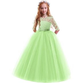 Flower Girls Vintage Lace 3/4 Sleeve Bridesmaid Velvet Dress Princess Wedding Party Pageant Evening Formal Prom Ball Gown