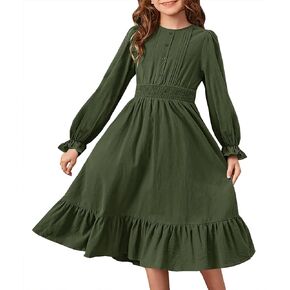HOSIKA Girls Fall Long Sleeve Crew Neck Casual A-Line Ruffle Tiered Flowy Dress with Pockets for 6-12 Years