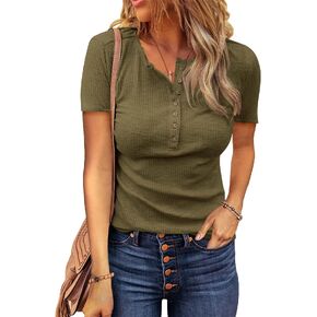 BTFBM Women 2024 Summer Henley Tunic Top V Neck Short Sleeve Button UP Solid Slim Fit Casual Ribbed Knit Shirt Blouses