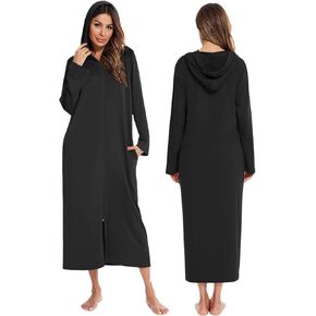 رداء حمام نسائي بقلنسوة وسحاب من HALCYEEN بأكمام طويلة، معطف نوم كامل الطول مع جيوب S-XXL