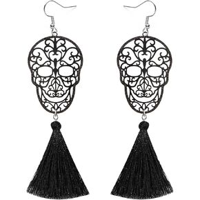 الهالوين الجمجمة شرابة قطرة تتدلى الأقراط السوداء النساء الفتيات اليدوية الشرير القوطي الهيكل العظمي الأزياء بيان مجوهرات خفيفة الوزن يوم الميت تأثيري حلي حزب الإحسان هدية in Kuwait