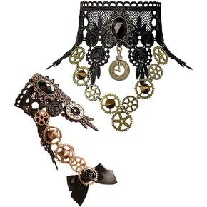 Bagtu الأسود خمر الدانتيل قلادة مجموعة للنساء، الرجعية والعتاد المختنق القوطية الشرير مجموعة المجوهرات اليدوية البخار فاسق الترقوة قلادة مع سوار الكريستال الأسود للفتيات in Kuwait