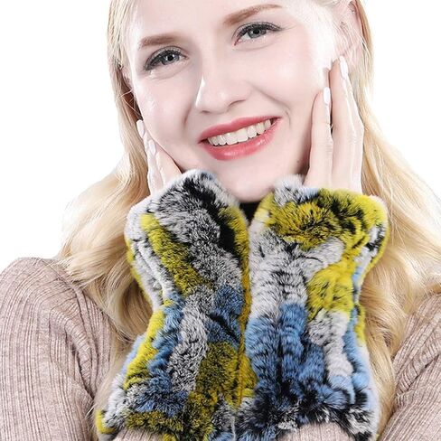 Valpeak Womens Rabbit Fur Winter Mittens Knitted Fingerless Gloves in Kuwait