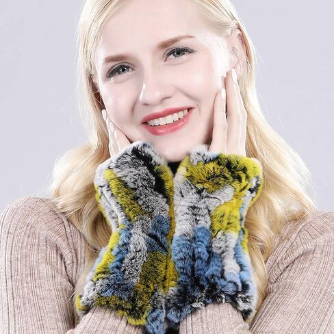 Valpeak Womens Rabbit Fur Winter Mittens Knitted Fingerless Gloves in Kuwait