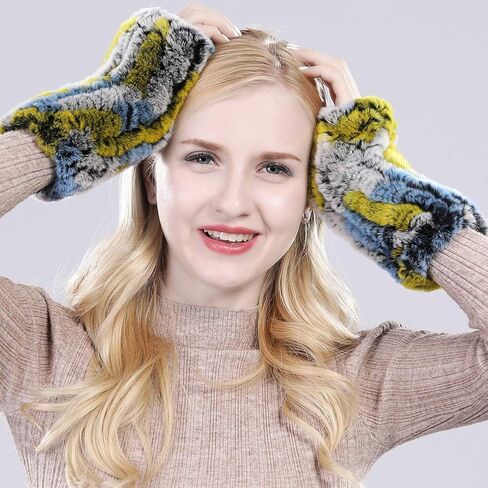 Valpeak Womens Rabbit Fur Winter Mittens Knitted Fingerless Gloves in Kuwait