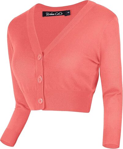 Urban CoCo Women's Cropped Cardigan V-Neck Button Down Knitted Sweater 3/4 Sleeve in Kuwait