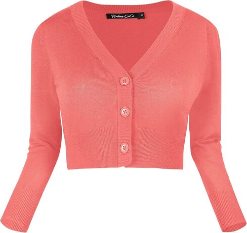 Urban CoCo Women's Cropped Cardigan V-Neck Button Down Knitted Sweater 3/4 Sleeve in Kuwait